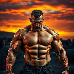 A striking image of a powerful and muscular figure, showcasing strength and determination, yet visibly tired