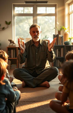 A serene and introspective scene depicting a wise teacher with gentle, caring hands illuminated by soft light