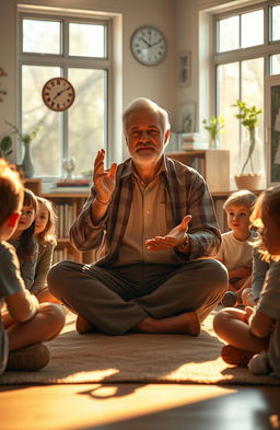 A serene and introspective scene depicting a wise teacher with gentle, caring hands illuminated by soft light