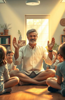 A serene and introspective scene depicting a wise teacher with gentle, caring hands illuminated by soft light