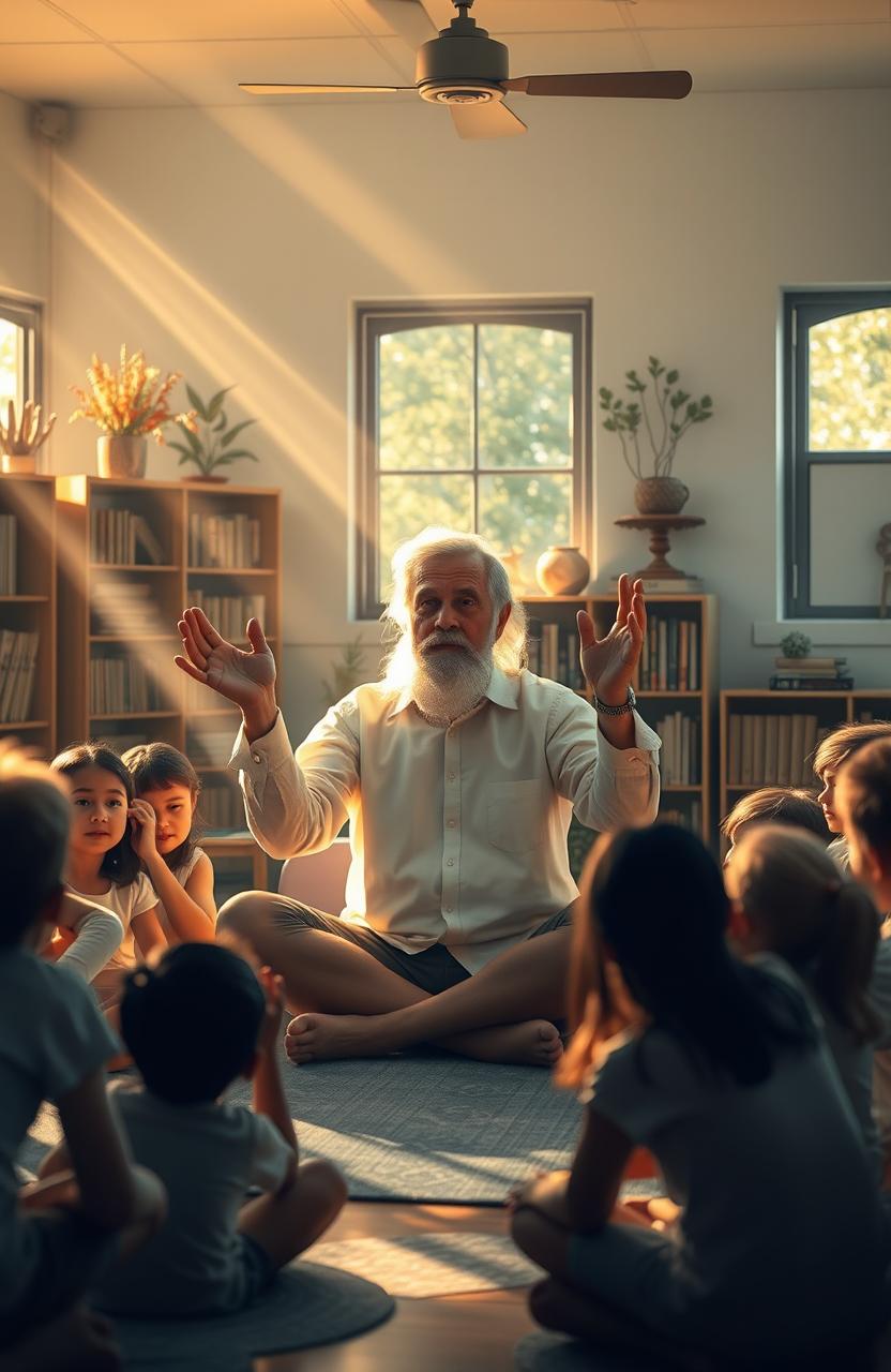 A serene and introspective scene depicting a wise teacher with gentle, caring hands illuminated by soft light