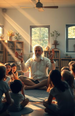 A serene and introspective scene depicting a wise teacher with gentle, caring hands illuminated by soft light