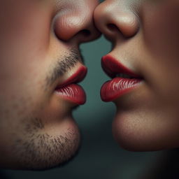 An artistic close-up of two sets of lips, a man's and a woman's, gently kissing in a blurred background