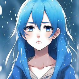 A high-quality digital art image in the style of manga, featuring a melancholic anime girl with vibrant blue hair