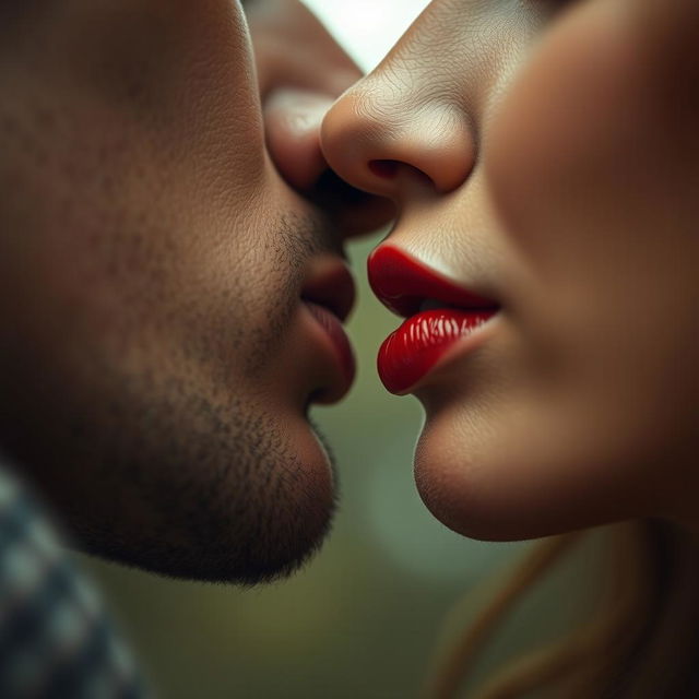 An artistic close-up of two sets of lips, a man's and a woman's, gently kissing in a blurred background