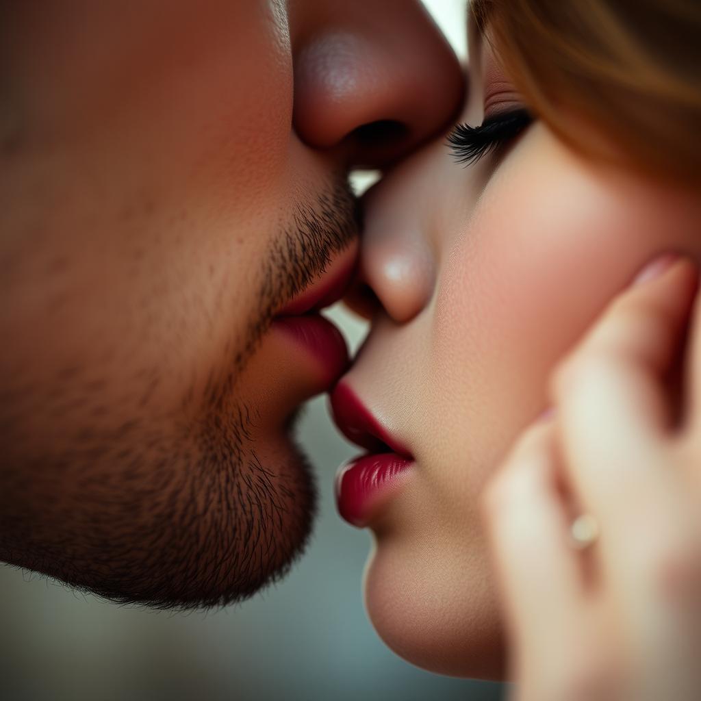 An artistic close-up of two sets of lips, a man's and a woman's, gently kissing in a blurred background