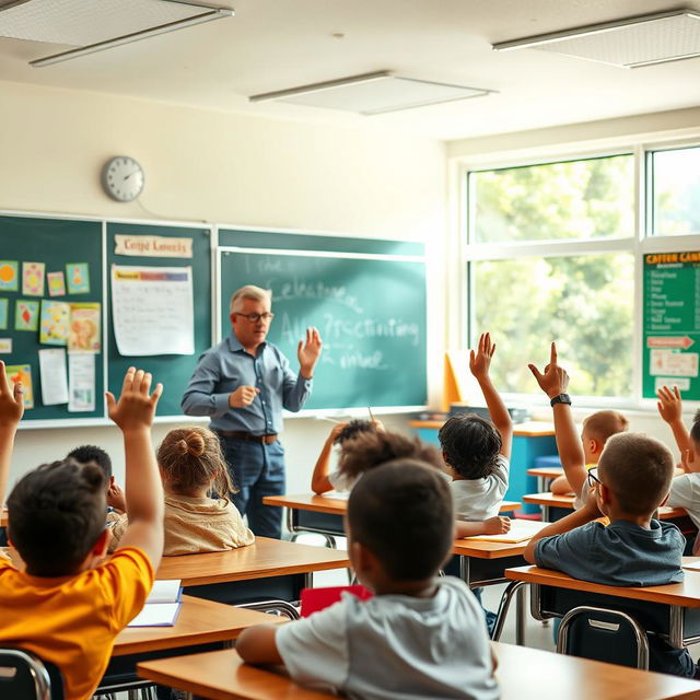 A dynamic classroom scene featuring a dedicated teacher actively engaging with students