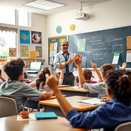 A dynamic classroom scene featuring a dedicated teacher actively engaging with students