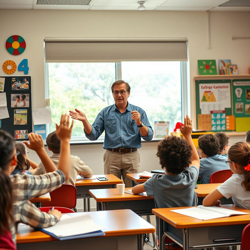 A dynamic classroom scene featuring a dedicated teacher actively engaging with students