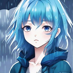 A high-quality digital art image in the style of manga, featuring a melancholic anime girl with vibrant blue hair