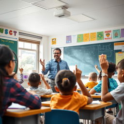 A dynamic classroom scene featuring a dedicated teacher actively engaging with students