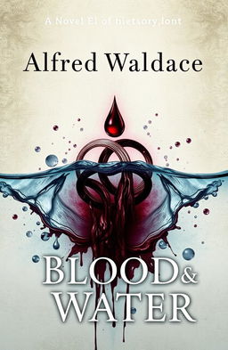 A novel book cover design featuring a striking symbol of blood and water intertwined in the center