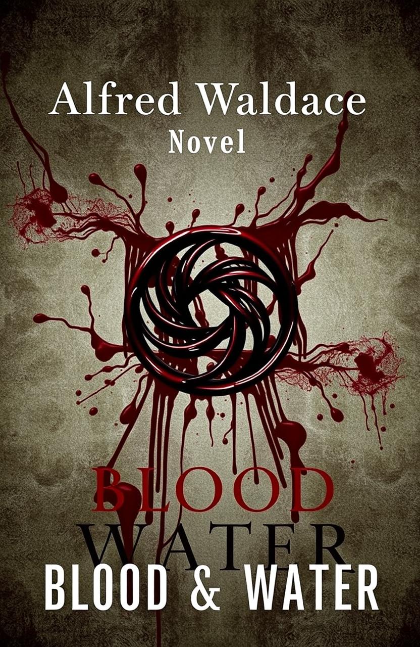 A novel book cover design featuring a striking symbol of blood and water intertwined in the center