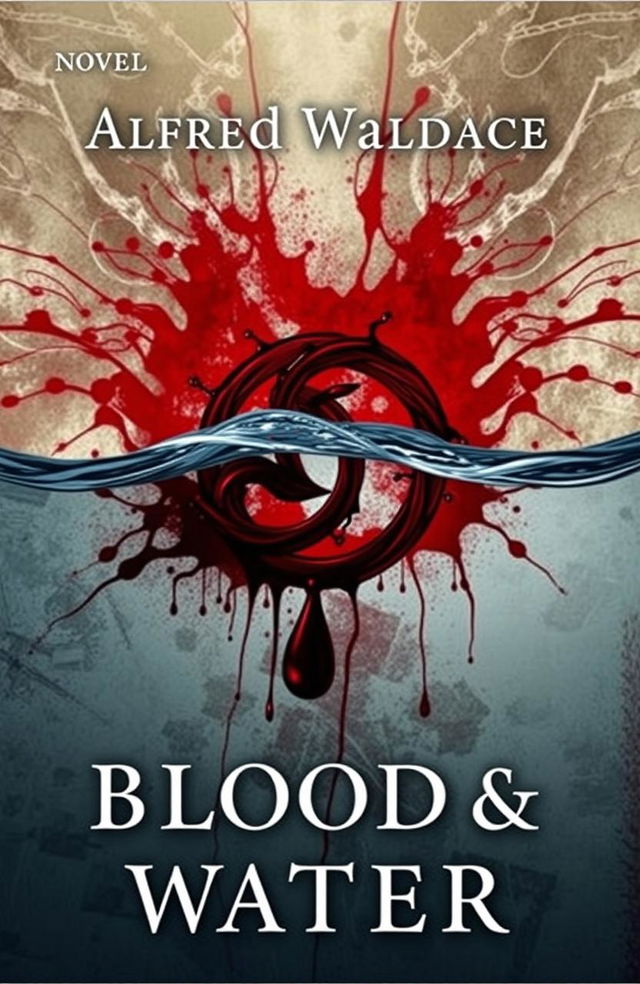 A novel book cover design featuring a striking symbol of blood and water intertwined in the center