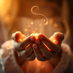 A captivating close-up scene focusing on a pair of hands gently illuminated by soft, ethereal light