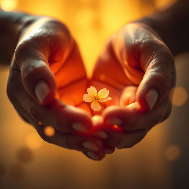 A captivating close-up scene focusing on a pair of hands gently illuminated by soft, ethereal light