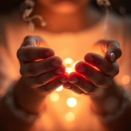 A captivating close-up scene focusing on a pair of hands gently illuminated by soft, ethereal light