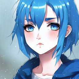 A high-quality digital art image in the style of manga, featuring a melancholic anime girl with vibrant blue hair