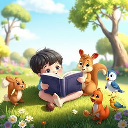 A delightful animated scene featuring a young child sitting on a grassy patch, deeply engrossed in reading a book