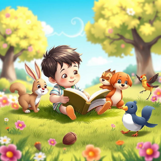 A delightful animated scene featuring a young child sitting on a grassy patch, deeply engrossed in reading a book