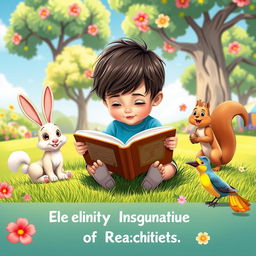A delightful animated scene featuring a young child sitting on a grassy patch, deeply engrossed in reading a book