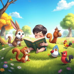A delightful animated scene featuring a young child sitting on a grassy patch, deeply engrossed in reading a book