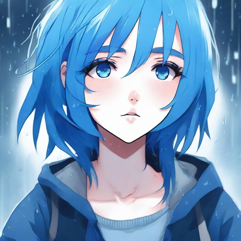 A high-quality digital art image in the style of manga, featuring a melancholic anime girl with vibrant blue hair