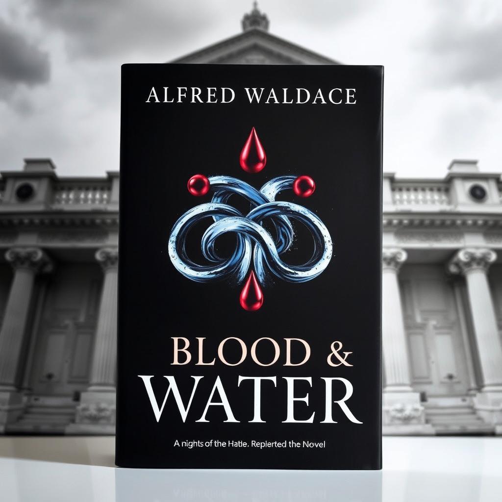 A striking novel book cover featuring a unique symbol that creatively combines themes of blood and water, positioned prominently in the center