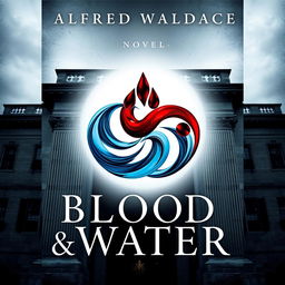 A striking novel book cover featuring a unique symbol that creatively combines themes of blood and water, positioned prominently in the center