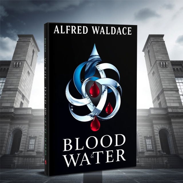 A striking novel book cover featuring a unique symbol that creatively combines themes of blood and water, positioned prominently in the center