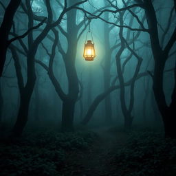 A mystical forest shrouded in mist, illuminated by a ghostly lantern light