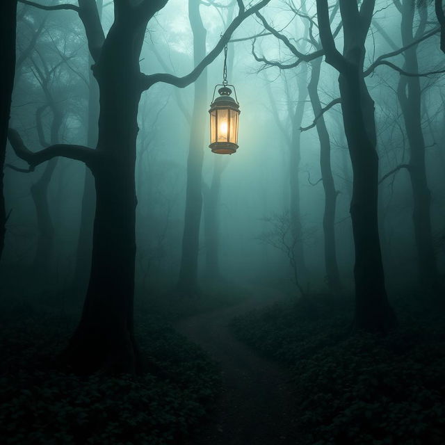 A mystical forest shrouded in mist, illuminated by a ghostly lantern light