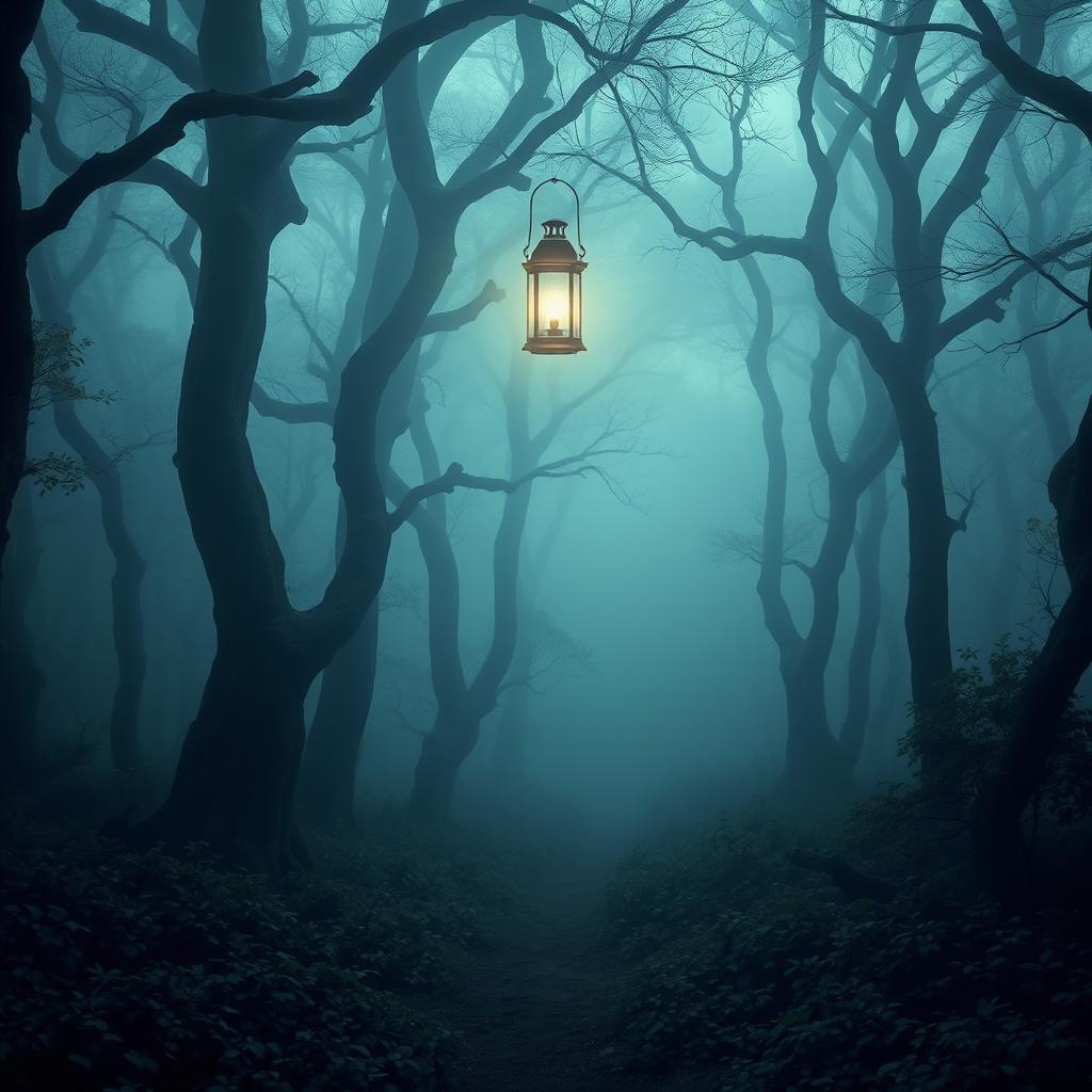 A mystical forest shrouded in mist, illuminated by a ghostly lantern light