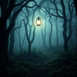A mystical forest shrouded in mist, illuminated by a ghostly lantern light