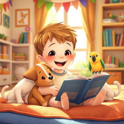 A charming animated scene depicting a young child happily reading a book while surrounded by adorable domestic animals