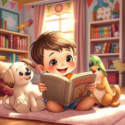 A charming animated scene depicting a young child happily reading a book while surrounded by adorable domestic animals