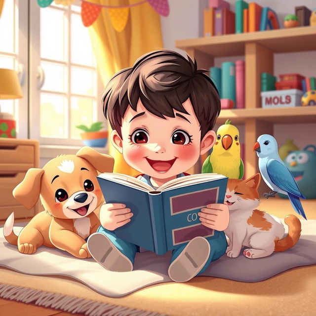 A charming animated scene depicting a young child happily reading a book while surrounded by adorable domestic animals