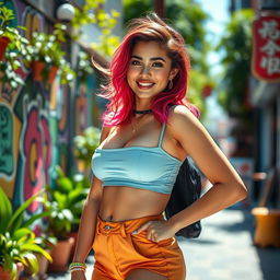 A Nakaid girl with big boobs, wearing a cute and trendy outfit that highlights her curves, with vibrant, flowing hair styled elegantly