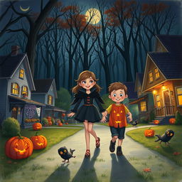 A spooky Halloween night scene in a dimly lit suburban neighborhood, with a twelve-year-old girl named Emma confidently leading her little brother, Timmy, as they walk home from trick-or-treating
