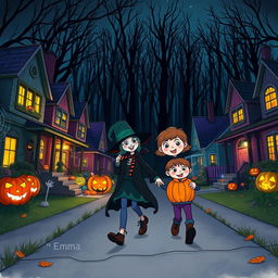 A spooky Halloween night scene in a dimly lit suburban neighborhood, with a twelve-year-old girl named Emma confidently leading her little brother, Timmy, as they walk home from trick-or-treating