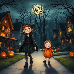 A spooky Halloween night scene in a dimly lit suburban neighborhood, with a twelve-year-old girl named Emma confidently leading her little brother, Timmy, as they walk home from trick-or-treating