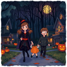 A spooky Halloween night scene in a dimly lit suburban neighborhood, with a twelve-year-old girl named Emma confidently leading her little brother, Timmy, as they walk home from trick-or-treating