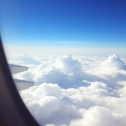 A serene view of fluffy white clouds taken from the window of an airplane, showcasing a bright blue sky with a hint of sunlight peeking through