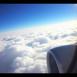 A serene view of fluffy white clouds taken from the window of an airplane, showcasing a bright blue sky with a hint of sunlight peeking through