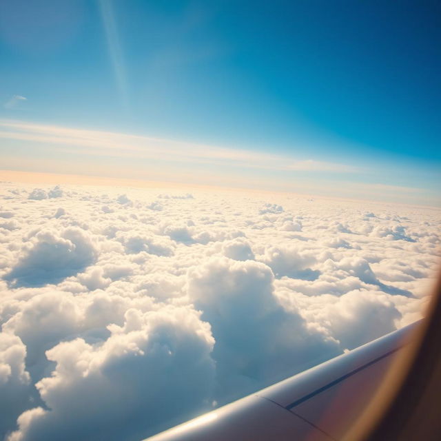 A serene view of fluffy white clouds taken from the window of an airplane, showcasing a bright blue sky with a hint of sunlight peeking through