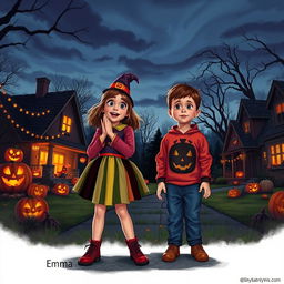 A young girl named Emma, dressed in a colorful Halloween costume, playfully scoffing as she stands with her little brother Timmy, who looks curious yet hesitant
