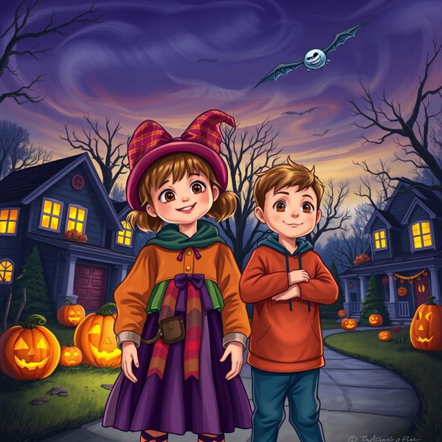 A young girl named Emma, dressed in a colorful Halloween costume, playfully scoffing as she stands with her little brother Timmy, who looks curious yet hesitant