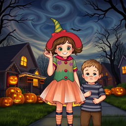 A young girl named Emma, dressed in a colorful Halloween costume, playfully scoffing as she stands with her little brother Timmy, who looks curious yet hesitant