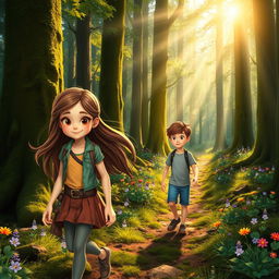A picturesque scene of a dense, magical forest with light filtering through the leaves, creating a warm and inviting atmosphere