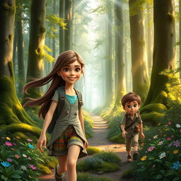 A picturesque scene of a dense, magical forest with light filtering through the leaves, creating a warm and inviting atmosphere